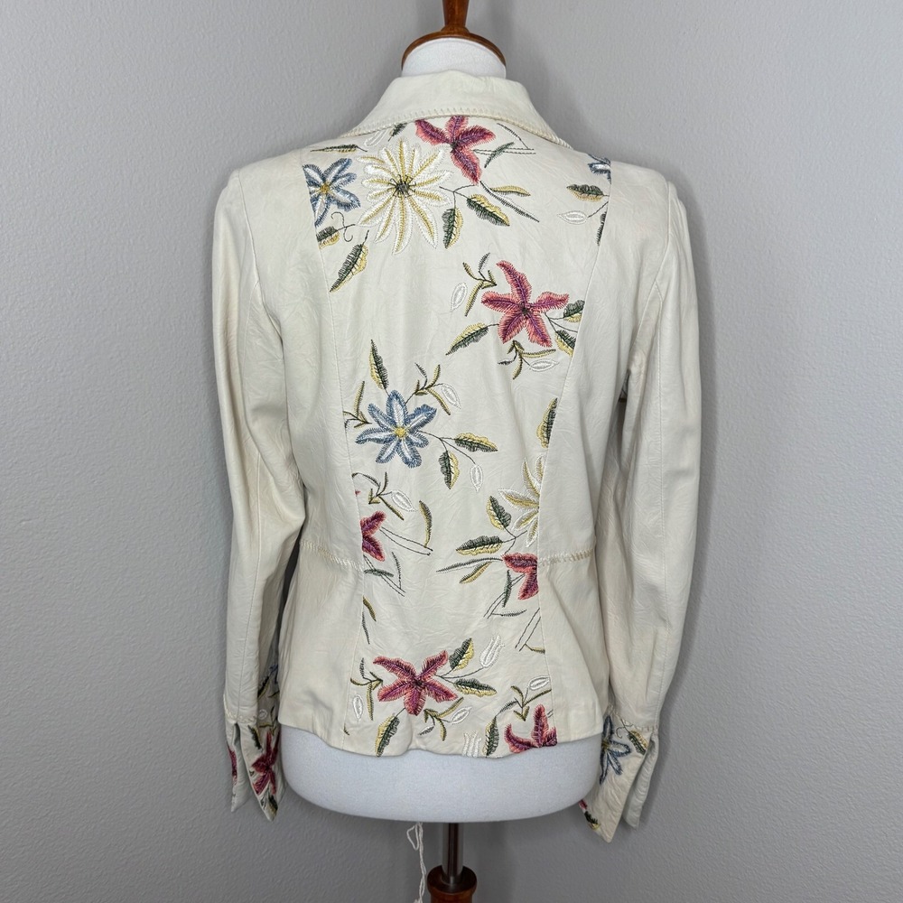 PASHA‎ VENETO Embroidered Leather Blazer Jacket MED Cream Floral Cuffs Boho